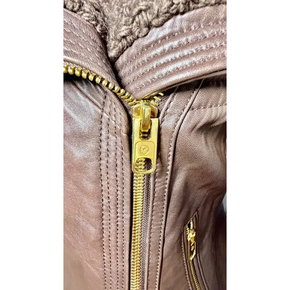 MK Michael Kors Brown Genuine Leather Moto Jacket Asymmetric Zip Knit Coll